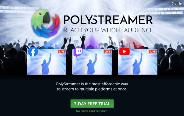 Screenshot of the PolyStreamer.com multistreaming website
